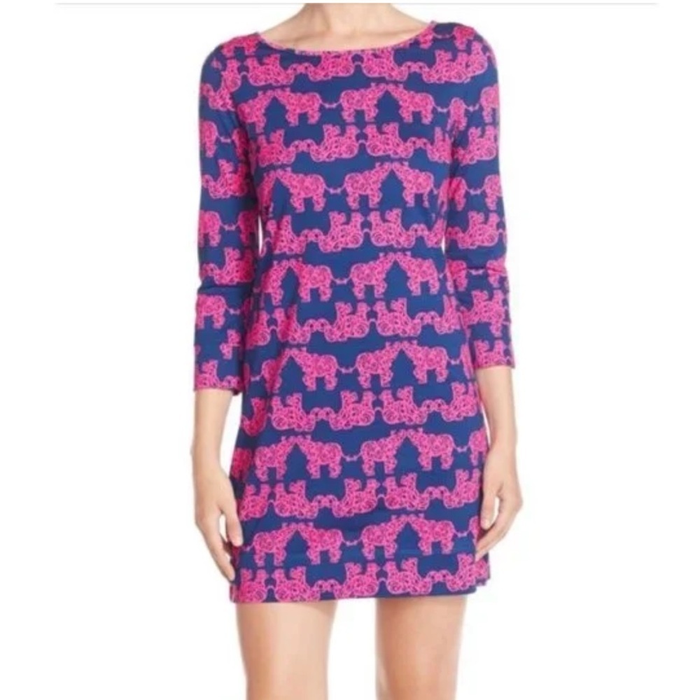 Lilly Pulitzer Navy Blue Pink Marlowe Elephant Print 3/4 Sleeve Mini Dress Small
